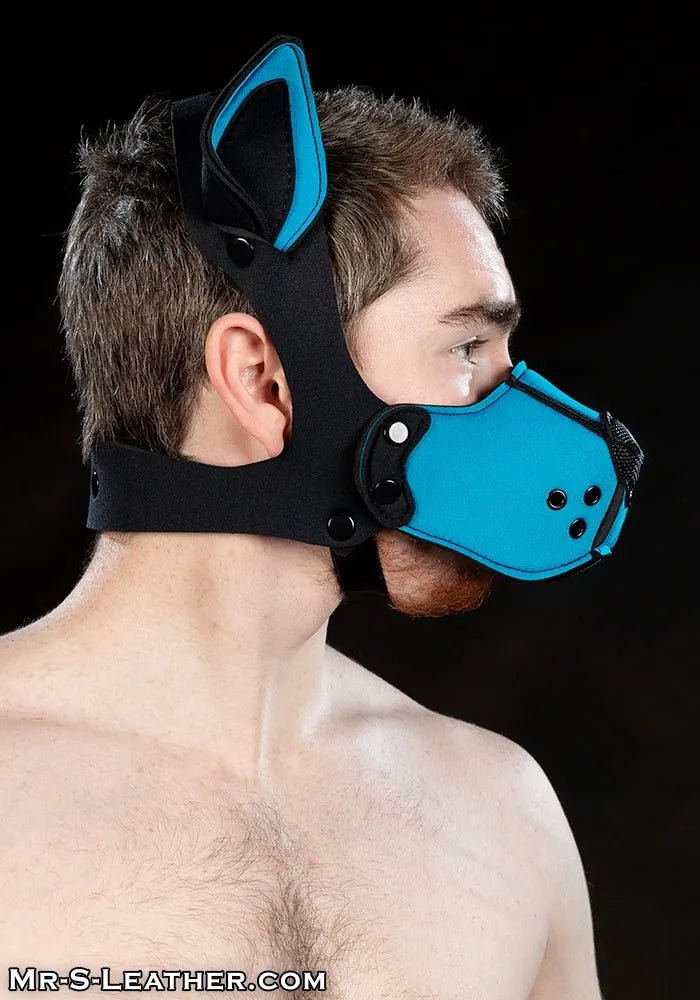 Person wearing a blue and black leather muzzle against a black background